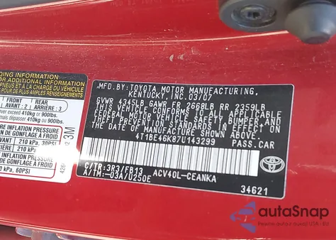 2007 Toyota Camry Le из США, поврежденный, VIN 4T1BE46K87U143299